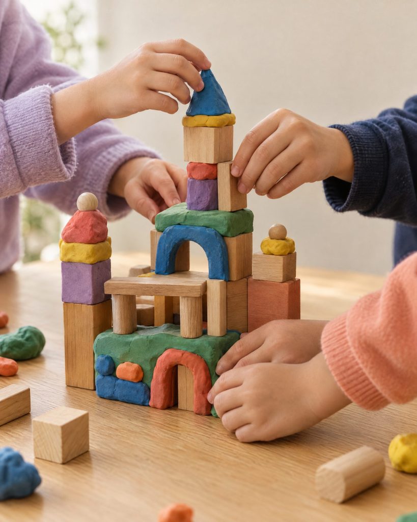 ידיים של ילדים בונות יחד יצירה מחימר וקוביות